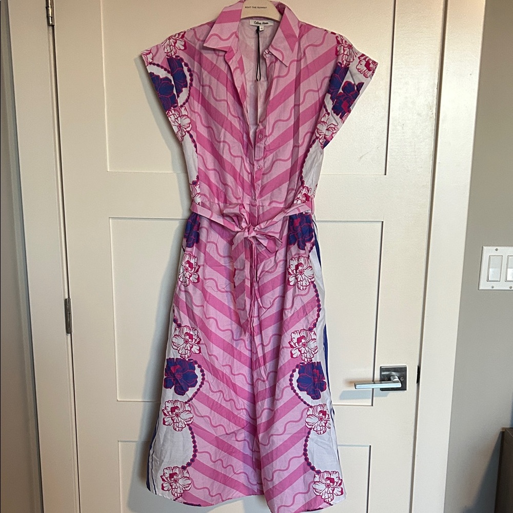 Celina Moon - Pink Purple Floral Tie-Waist Shirt Dress - large